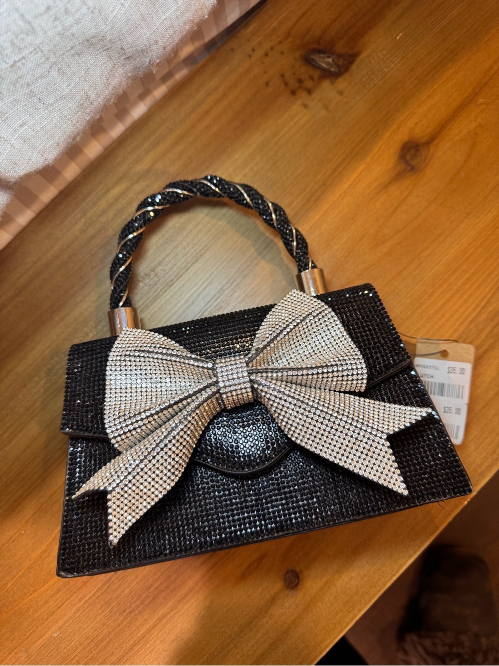 NWT Black Crystal Evening Bow Top-Handle Bag - Picture 4 of 6